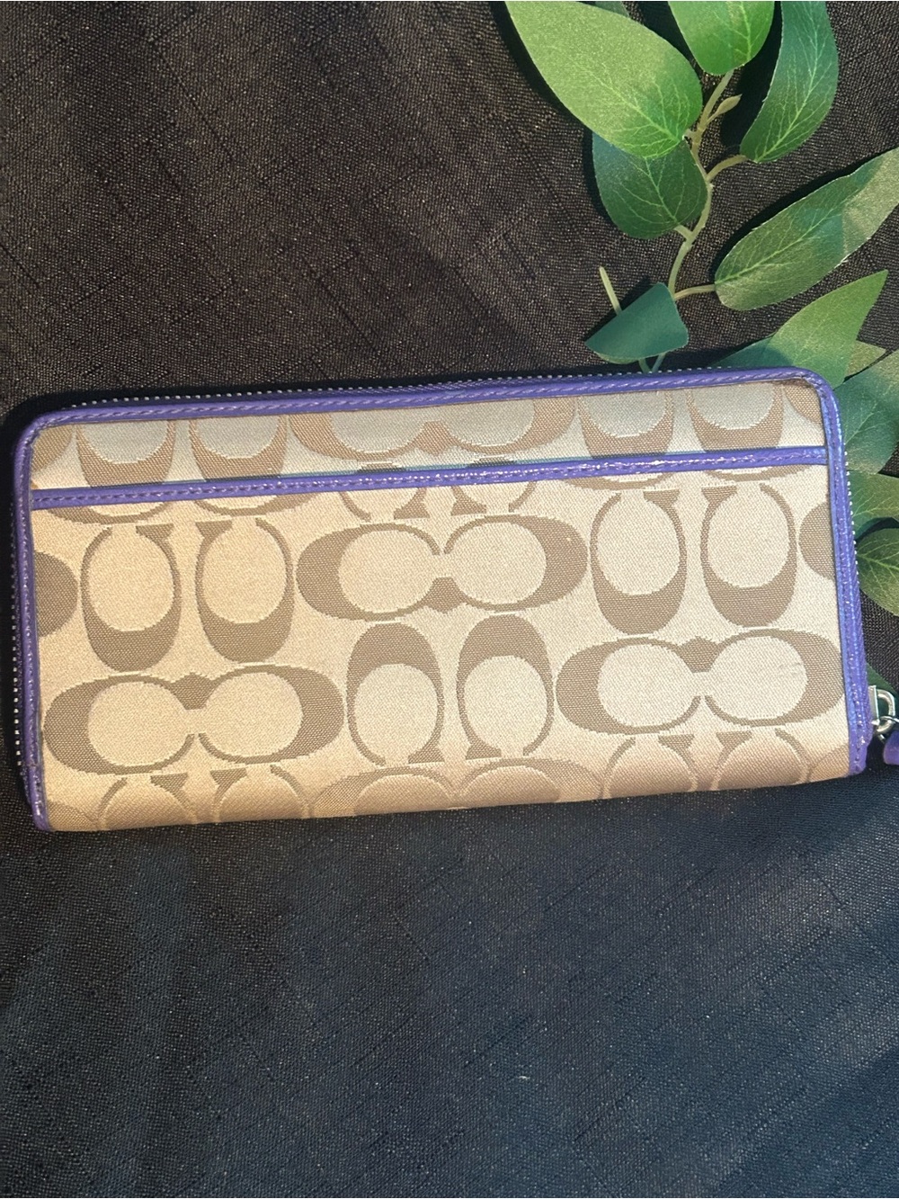 Coach Beige Signature Zip Wallet with Purple Trim - Picture 4 of 15